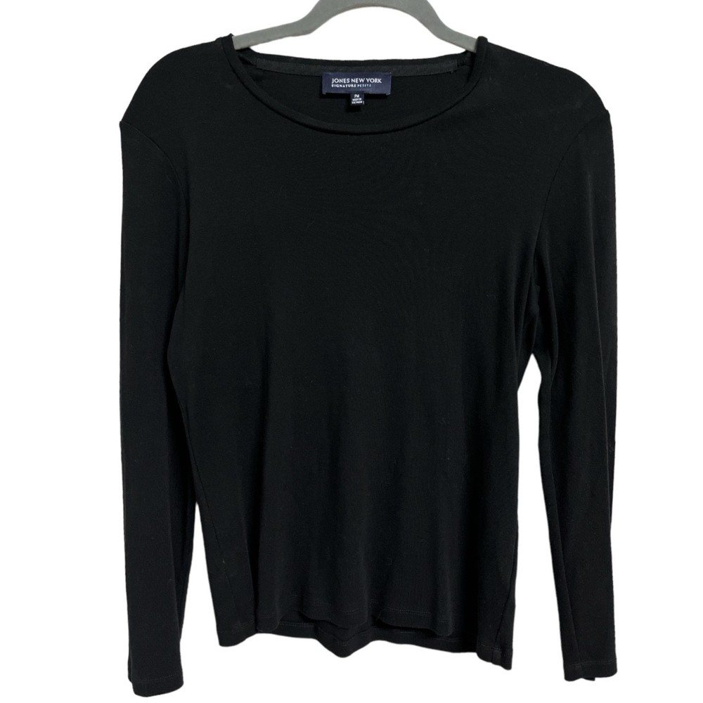 Jones New York Signature Petite Solid Black Long Sleeve Shirt Size M Essential